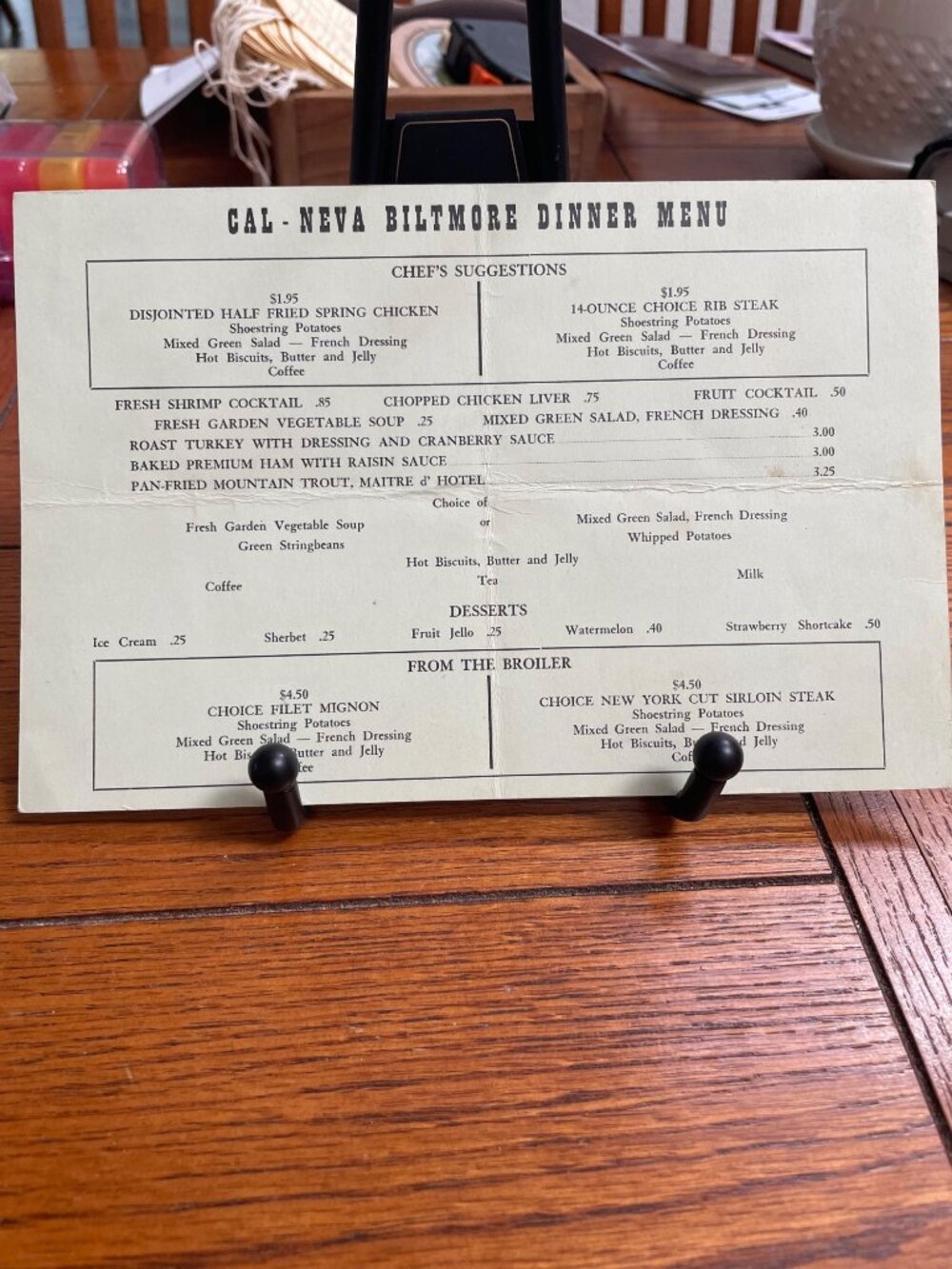 Vintage Cal-Neva Biltmore Dinner Menu From 1950s With Classic Chefs Suggestions